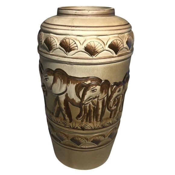 Handcrafted Elephant Motif Ceramic Vase With Brown Accents 10.5" Tall - Picture 1 of 12
